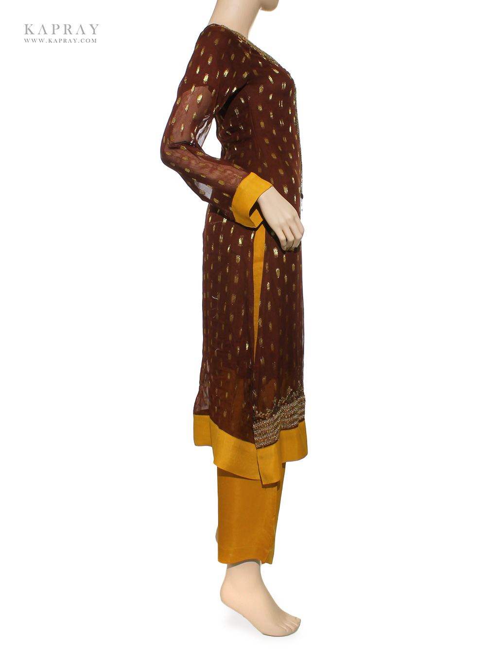 Casual Salwar Kameez in Brown and Mustard Kapray
